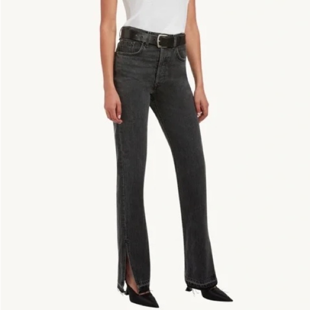 EB Denim Straight Leg Unraveled Two Jean Washed Black Denim Split Hem Sz 24‎